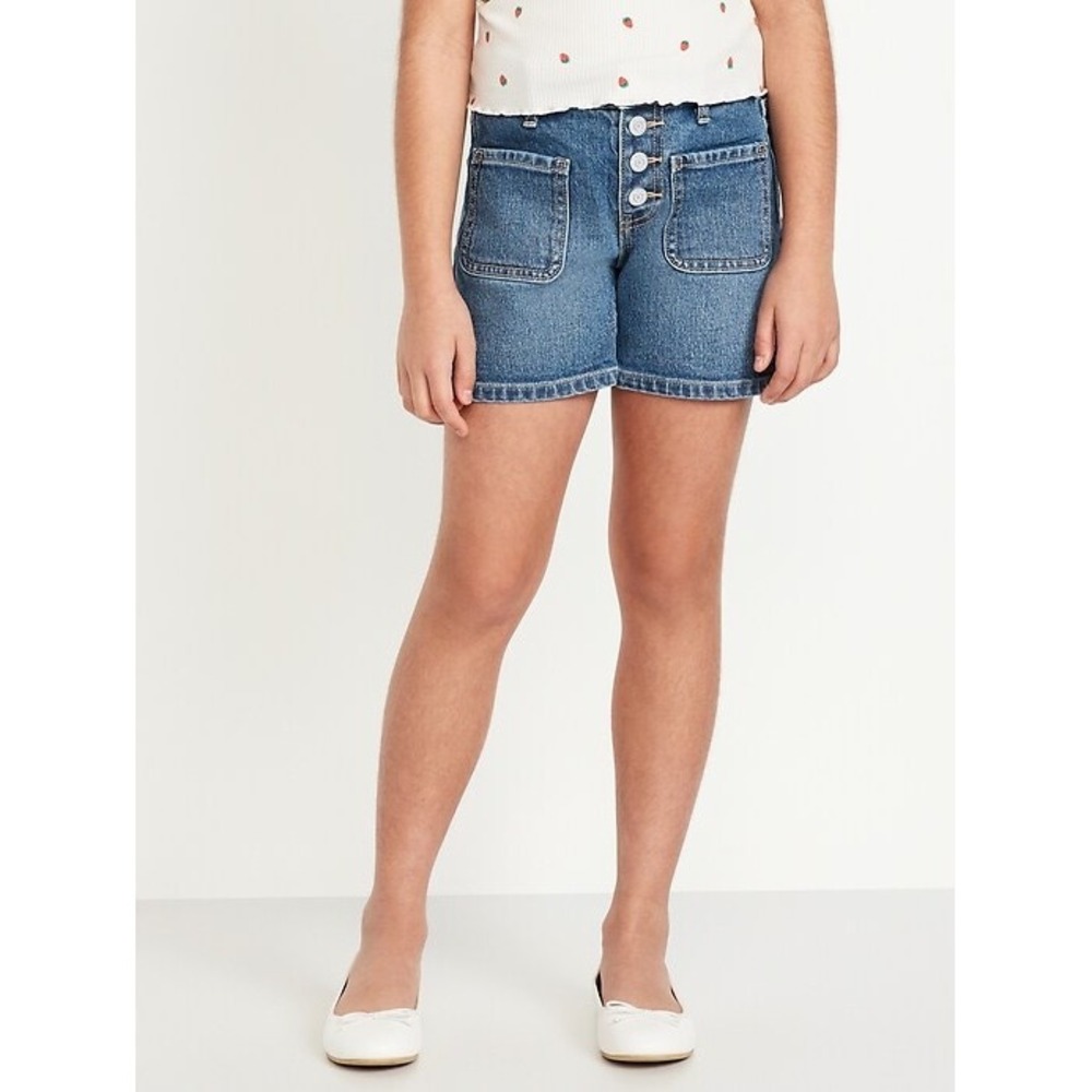 Old Navy Girls High-Rise Midi Jean Mariner Denim Shorts Button Fly Blue Size 12
